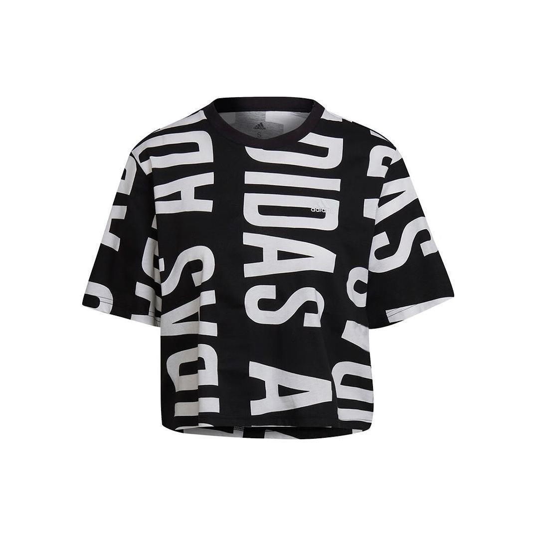 (WMNS) adidas Essentials Oversized Allover Print Cropped T-Shirt Black White Women s HC9161 S
