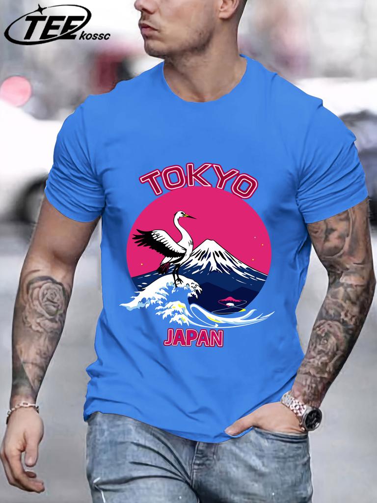 Tokyo Japan Mountain Wave Crane T Shirts Men AllMatch Cotton Basics TShirt Soft Summer Short Sleeve ONeck Loose Casual Top