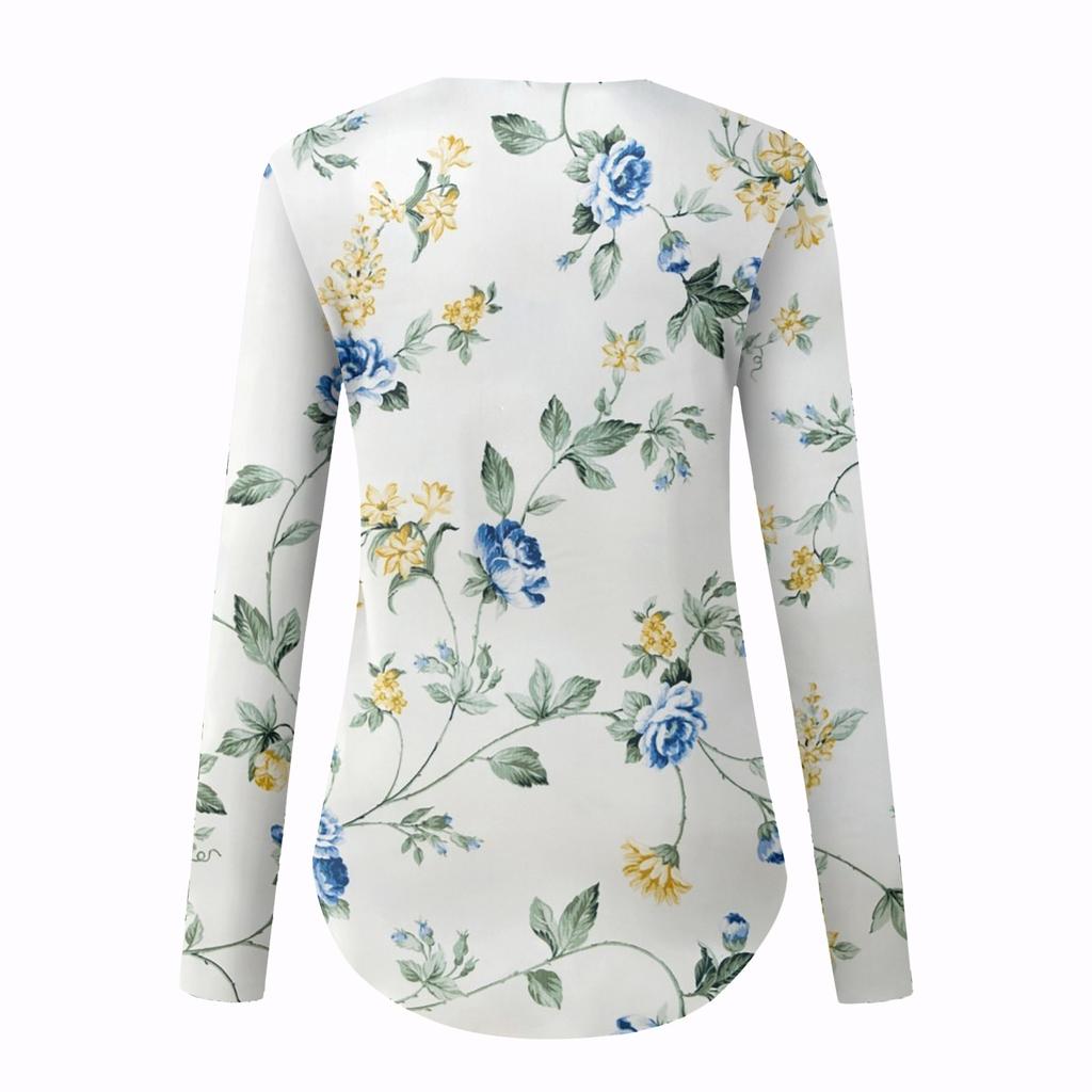 Women's Blouse Fashion Loose Casual Long Sleeved Printed V-Neck T-shirt Top