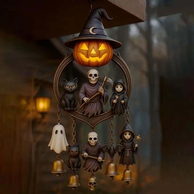 Halloween Gothic Wind Chime Spooky Bell Chime with Carved Pumpkin Lantern Ghost
