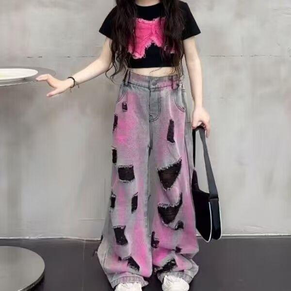 Girls' Summer Outfit Set Short Sleeve Sweet Cool Jeans Children's Summer Girls' Two Piece Set