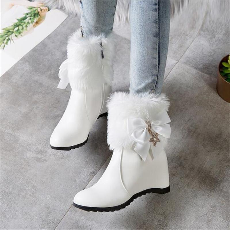 Fashion Women Boots Wedges Lolita Shoes Bowknot Diamond Women Cosplay Girls Princess Winter Ankle Boots Pink White Black 34-43