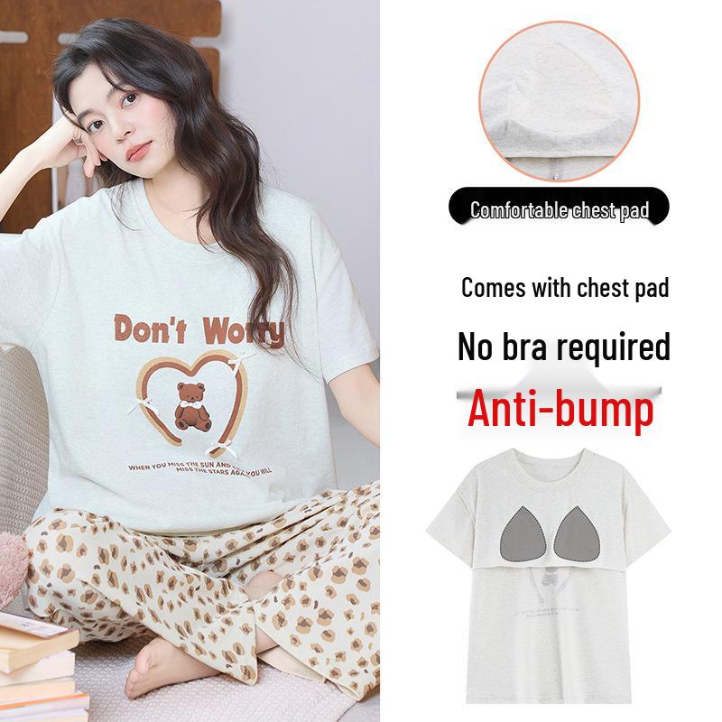 

Korean Style Women s Pajama Set: Short Sleeve & Long Pants with Chest Pads, Perfect for Summer, Outdoors or Home Wear M