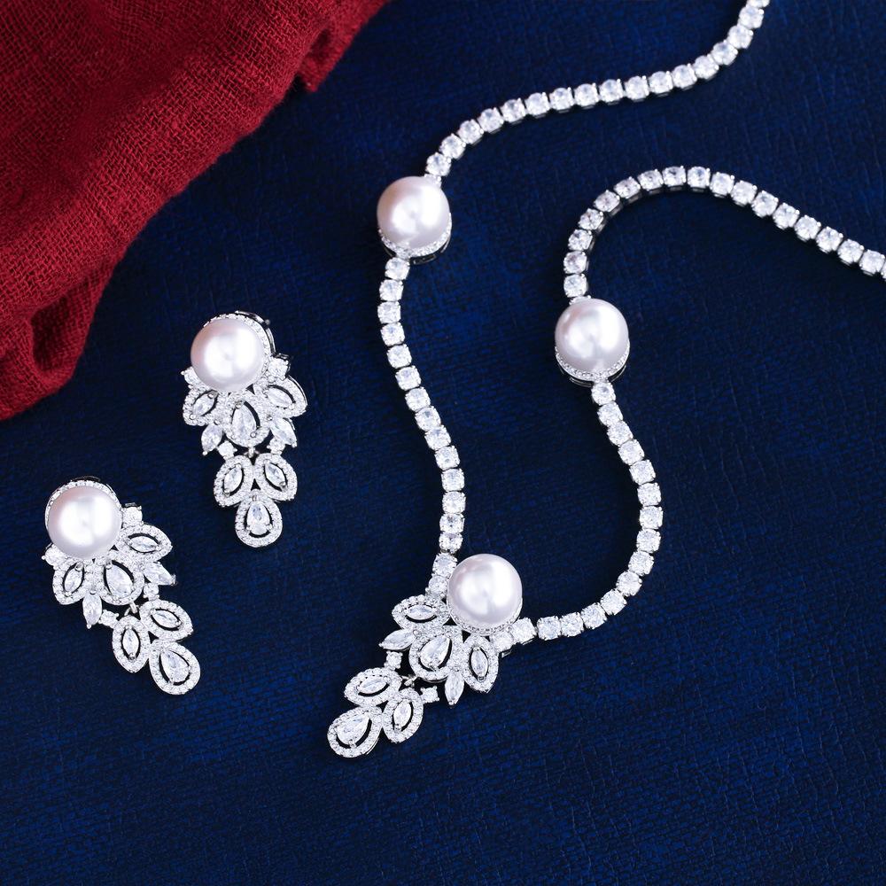 

Haute Couture Pearl Necklace Earrings Set Dress Wedding Dinner Accessories Necklace Earrings Set Chain