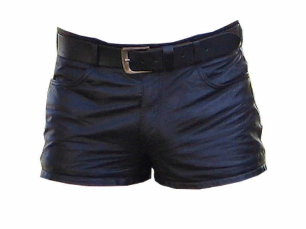 Men Sports Soft Genuine Lambskin Handmade Leather Buckle Closure Dark Blue Short Pant Gym