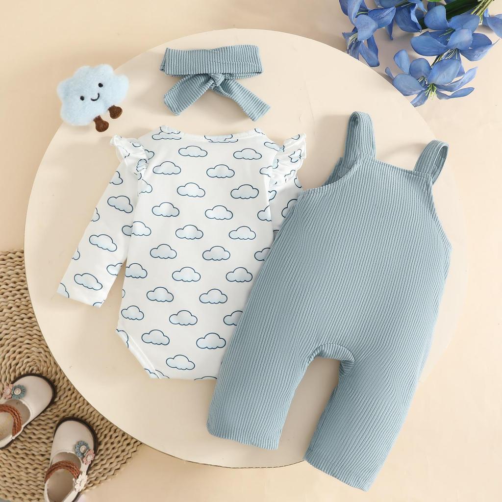 Cartoon Animal Overalls, Long Sleeve Bodysuit & Headband Set - Autumn/Winter Baby Girl Outfit