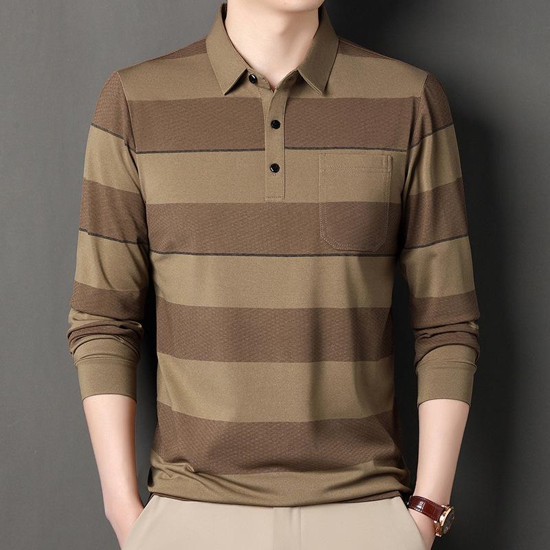 Men's Striped Long Sleeve Polo Shirt with Pockets - Casual Lapel Base Layer Top