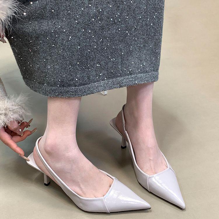 Niche Korean Version Elastic Band High Heels Bag Head Sandals Women's 2025 Spring and Summer Temperament Pink Pointed Empty Shoes