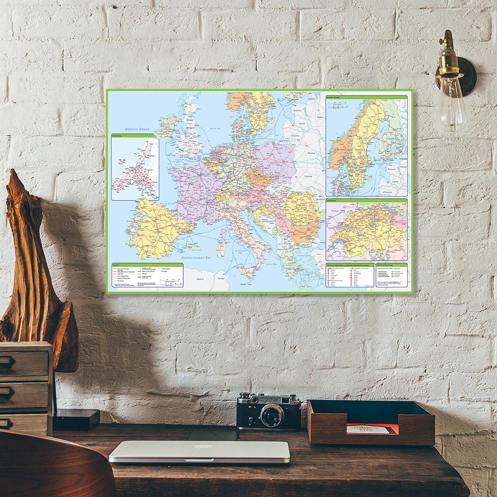 Europäisches Eisenbahnnetz Kartenposter - Detaillierte Kontinentale Zugrouten Wandkunst Dekoration für Zuhause Büro, Pädagogische Geografiekarte Papierdruck