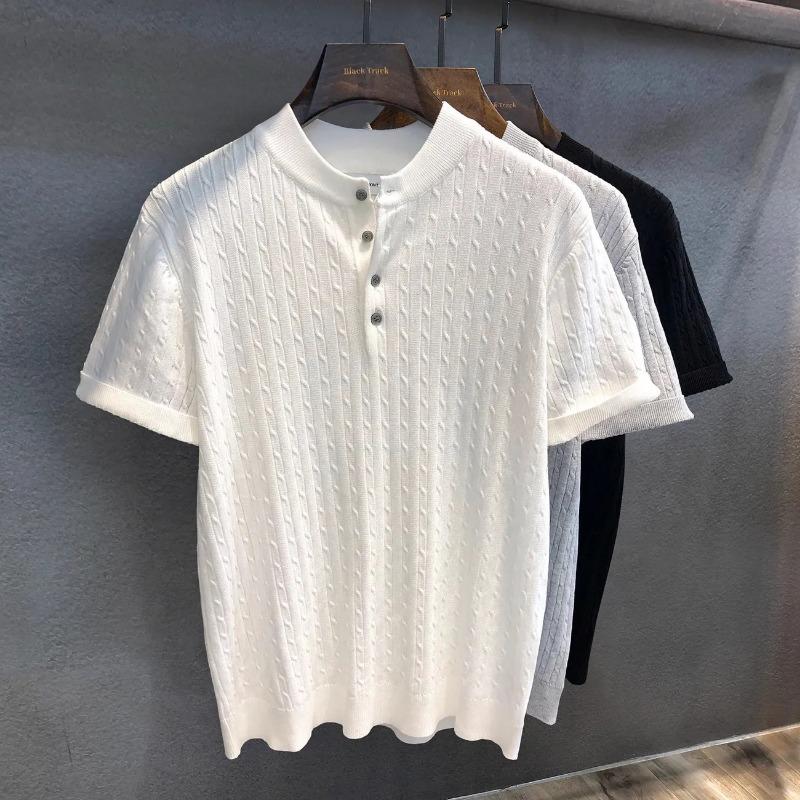 Men's Knitted Manin Collar Polo Shirt Casual Short Sleeve Textured Button Top