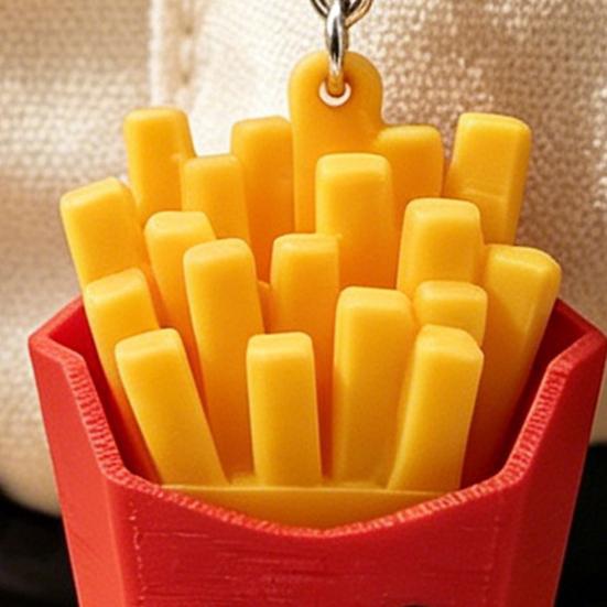 Keychain Pendant, 3D Printed French Fries Shape Decompression Button, Noiseless Pressing Mini Portable Keychain