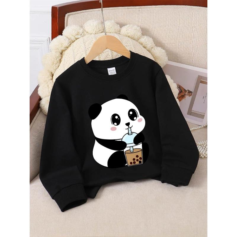 Crewneck Sweatshirt for Girls Featuring an Adorable Panda Enjoying Bubble Tea. It'S Machine Washable