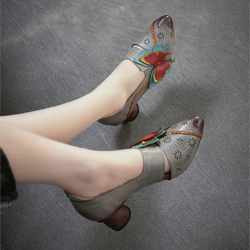 Johnature Retro High Heels Genuine Leather Shallow Commuter Versatile Women's Shoes