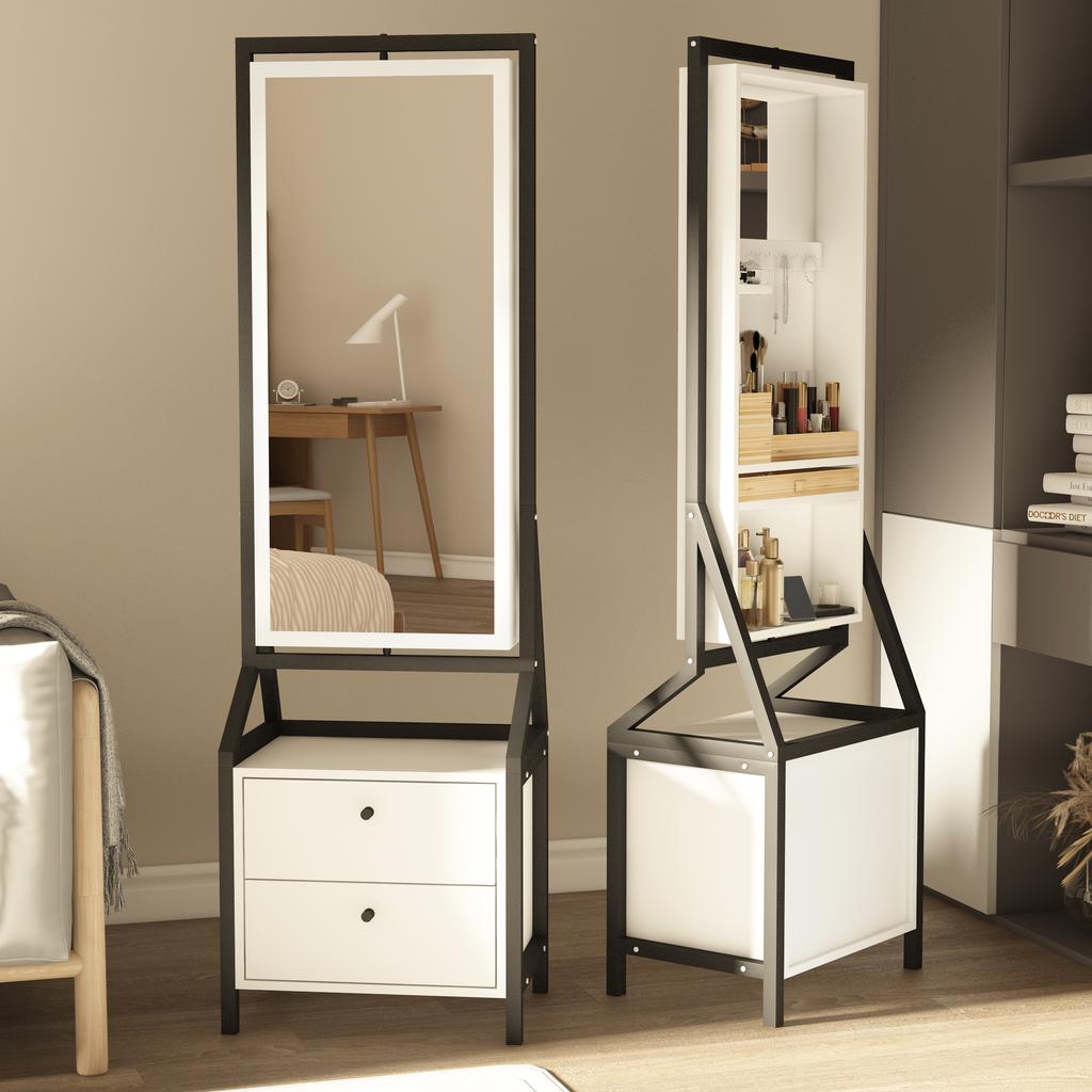 360 degrees Jewelry Cabinet with Full-Length Mirror, Rotating Jewelry Cabinet with 2 Lower Drawers, Freely Rotatable, Spacious Storage