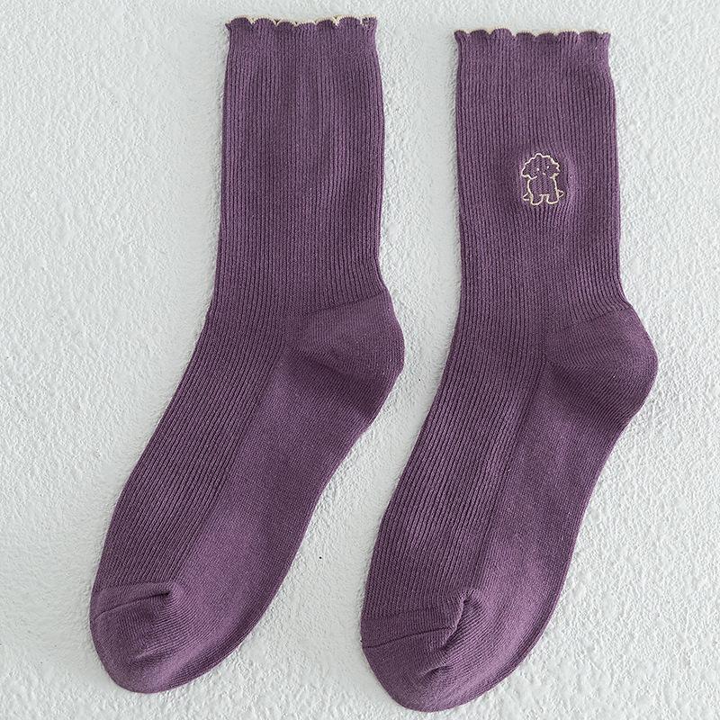 5 Pairs of Women's Autumn and Winter Lace Preppy Cute Cartoon Wooden Ear Edge Cotton Tube Pile Socks