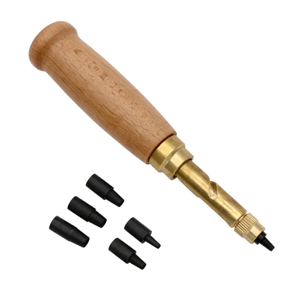 Leather Hole Punching Tool Automatic Puncher with Wooden Handle Hollow Hole Punch with 6 Tips for Leather Belt, Bag, Wristband
