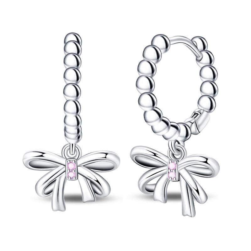 New Copper Sparkling Pink Bow Stud Earrings & Pavé Dangle Hoop Earrings For Girl Sweet Romantic Jewelry Gift