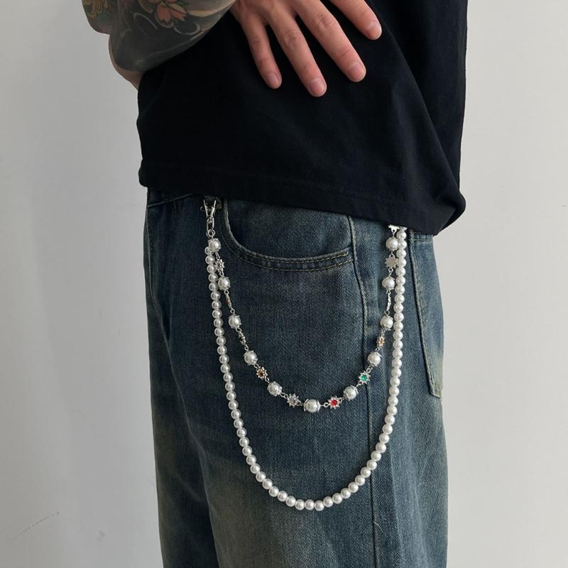 Layered Pants Chain Rhinestones Flower Faux Pearls Accent Punk Style Metal Jeans Chain For Men Women