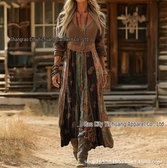 2026 Spring Retro V-neck Long-sleeved Plus Size Dress