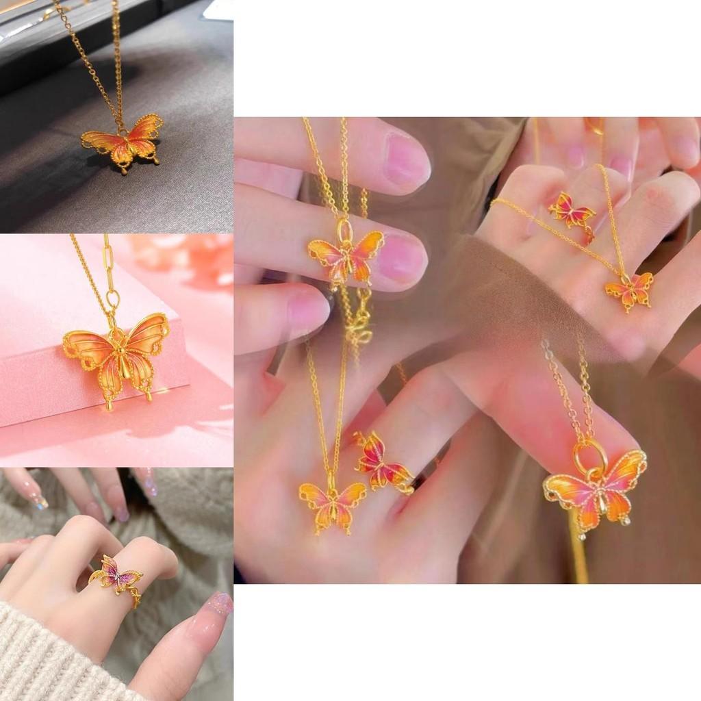Exquisite Adjustable Butterfly Ring And Pendant Necklace Set In Gold Plated Brass