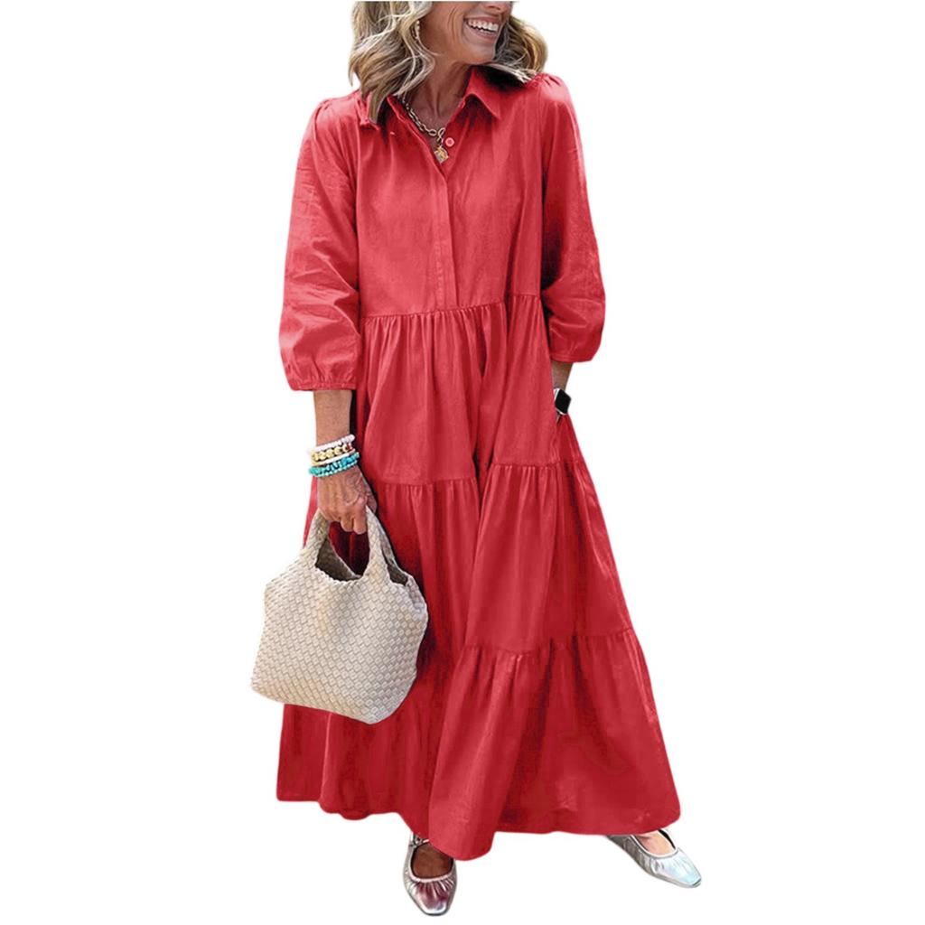 Women's Casual Fashion Shirt Dress Button Collar Flowing Maxi Dress