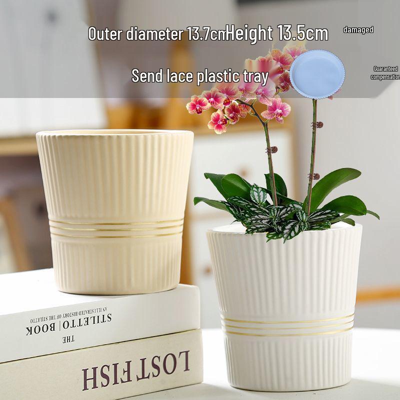 Ceramic Flower Pot with Tray for Orchids and Succulents