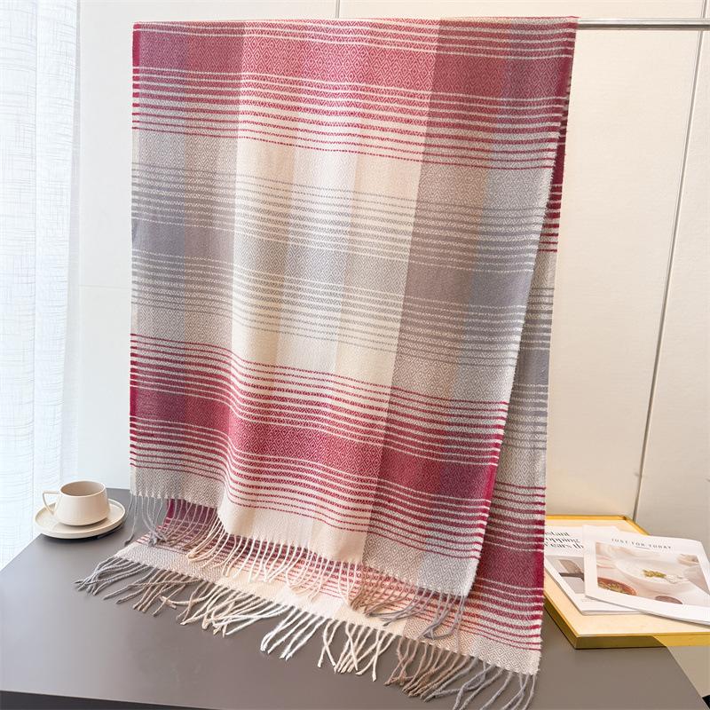 Color Blocked Plaid Long Scarf with Tassel Thick Soft Warm Imitation Cashmere Shawl Versatile Neck Scarf for Autumn Winter