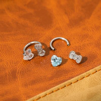 Sweet Heart Bow Horseshoe Ring & Pink Heart C-Shaped Spiral Earrings