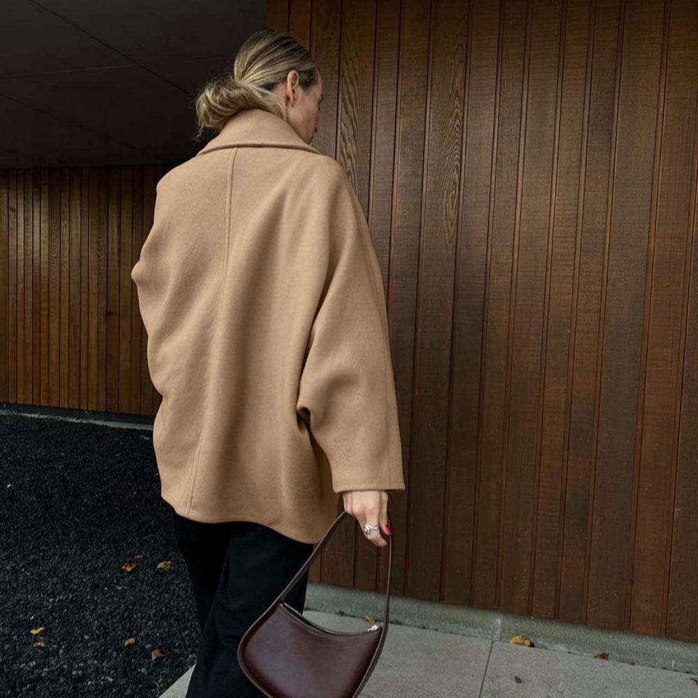 VAYLA New Outerwears Trench Coat for Women Batwing Sleeve Long Coat Winter Woolen Cloth Trench Brown Lapel Mid Long Jackets