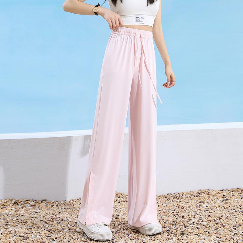 Ice Silk Wide-leg Pants for Women In Summer Thin Slit Relaxed Pants High Waist Large Size Women's Straight Sun Protection Pants