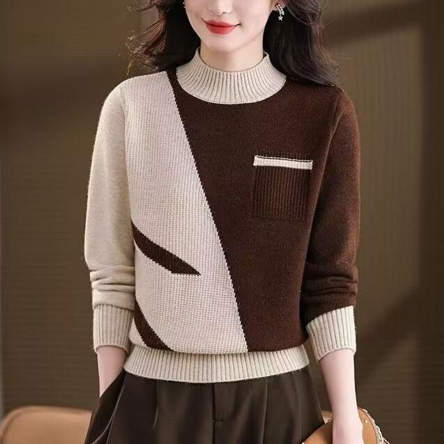 Autumn Winter Women's Crew Neck Thick Knit Sweater Loose Color-block Soft and Skin-friendly Knitted Pullover Top