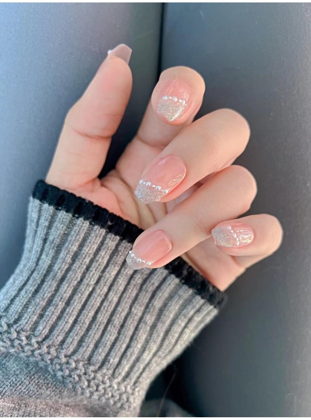 Trendy Handmade French Style Pearl Ballet False Nails Starry Design Small To Large Sizes Short,L