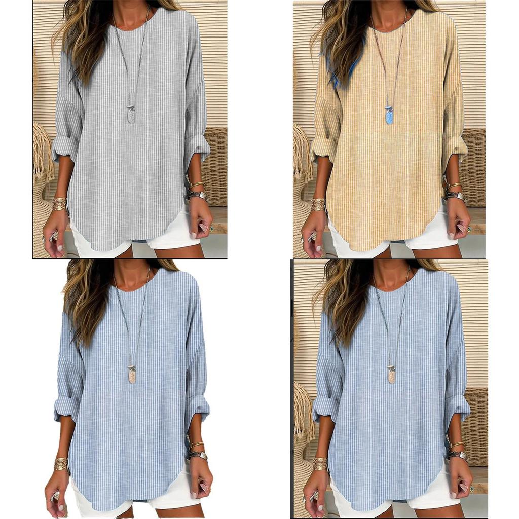 Spring Fashion Womens Striped Cotton Linen Shirt With Patching For Casual Wear