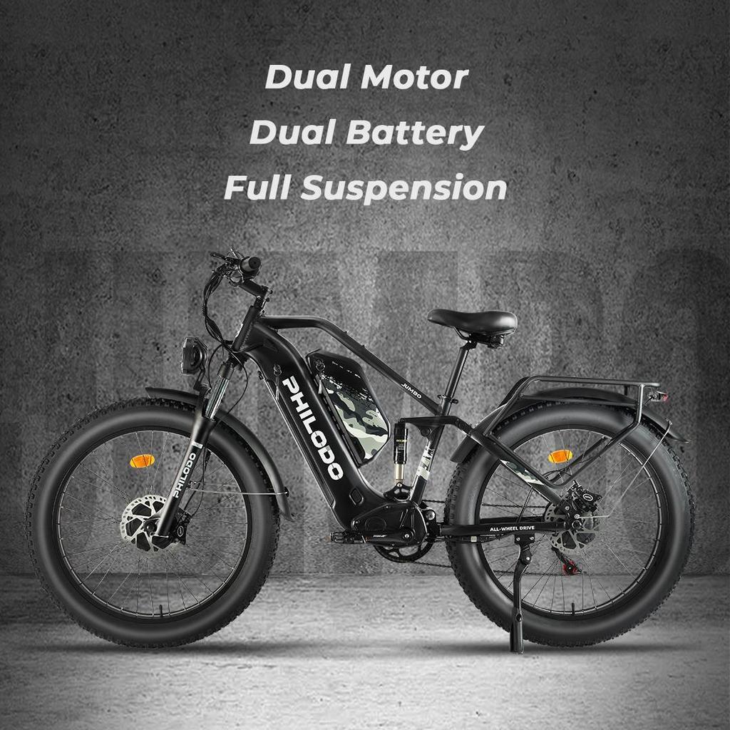 Philodo Jumbo Elektrické kolo 1500Wx2 Špičkový motor 26" Silné pneumatiky Celoodpružené Elektrické kolo Pro dospělé 48V 46AH LCD displej Maximální nosnost 150 kg