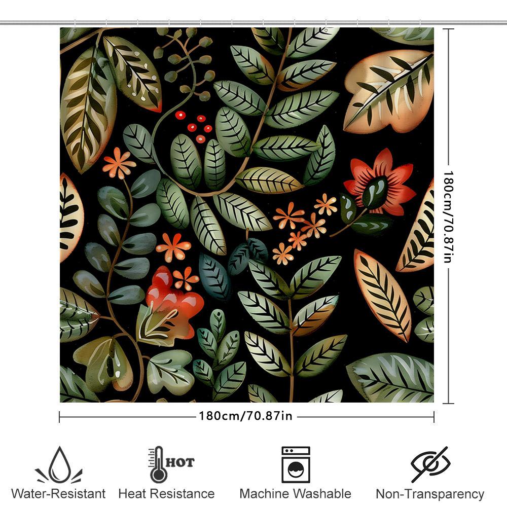 Artistic Floral Shower Curtain With Green Leaves Black Background Bathroom Decor For Home Decoration Customizable Size Options A
