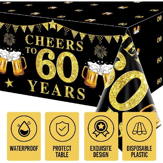 3 Packs Black Gold 60th Birthday Tablecloth Decorations for Men Women, Cheers to 60 Years Table Cover Party Supplies, Sixty Years Old Birthday