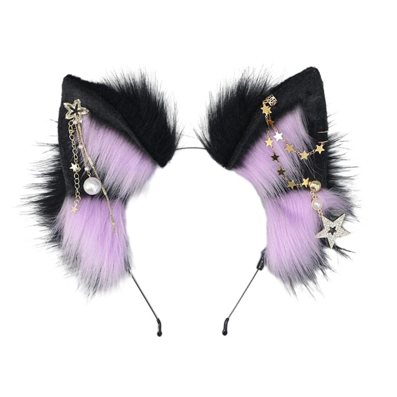 Wolf Ears Handmade Animal Furry Kitten Headband Star Tassels for Masquerade