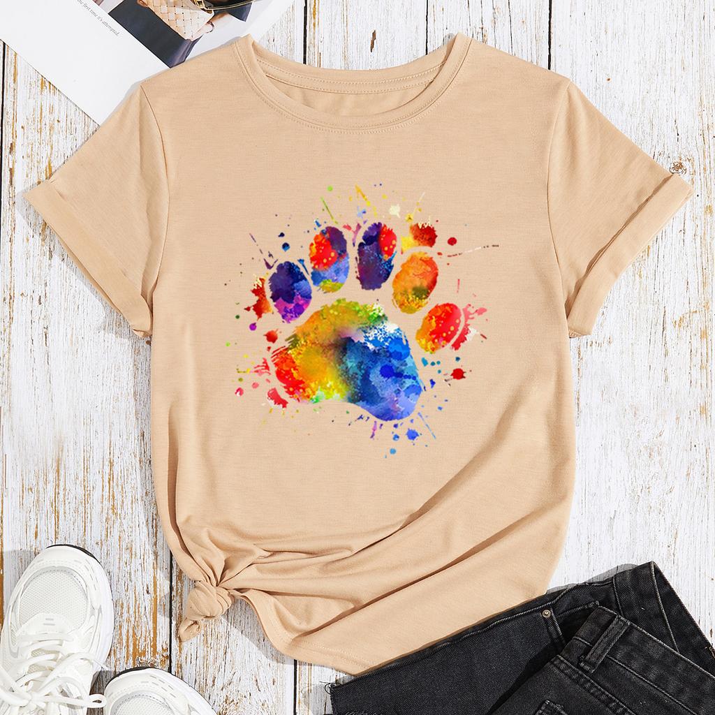 Cotton T-Shirt Short Sleeve Round Neck Women 2d Print Tops