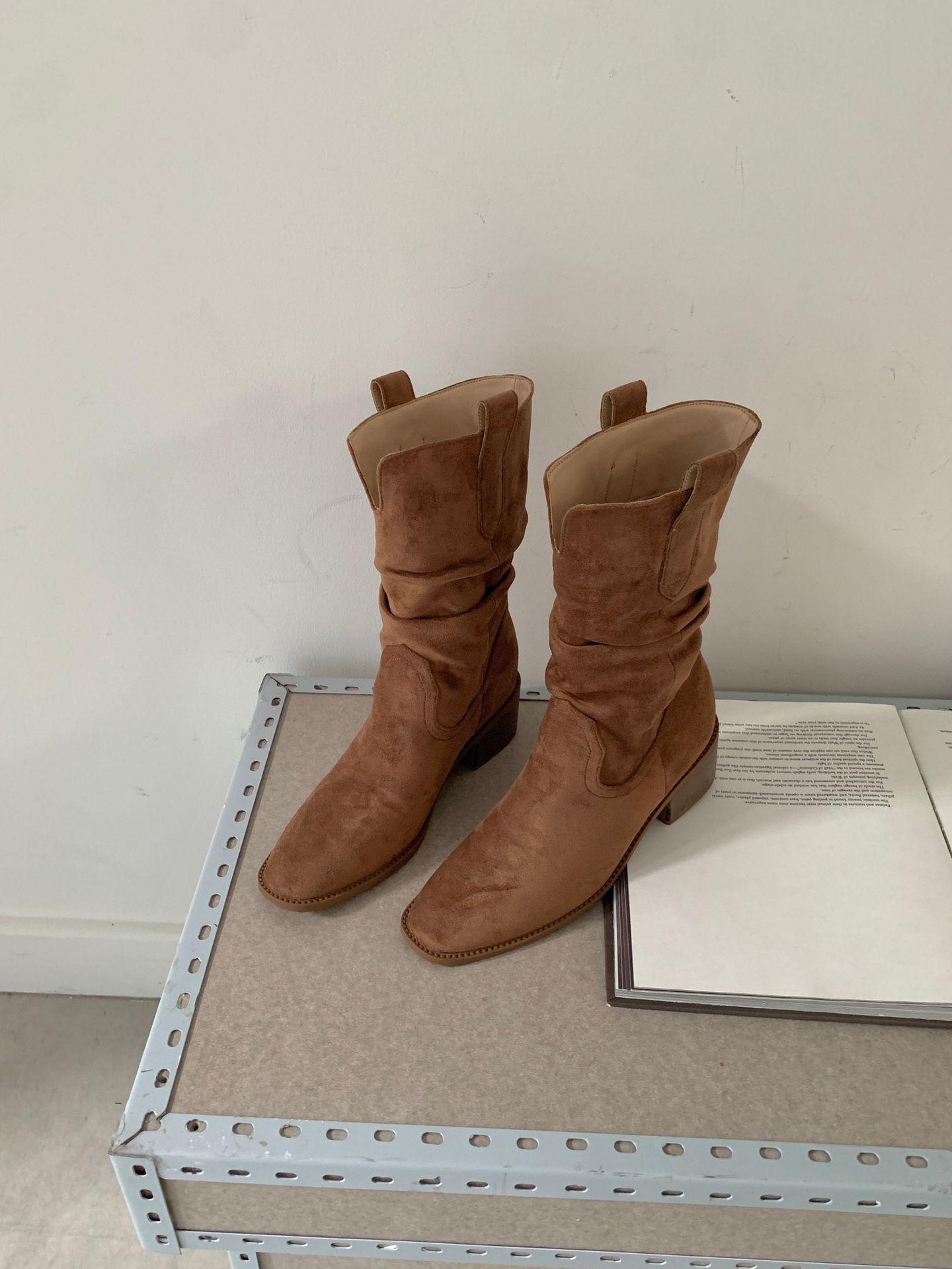 

DAPAI SHOW heel height 7cm retro knight boots square head western cowboy boots women s thick heel pleated pile boots 39