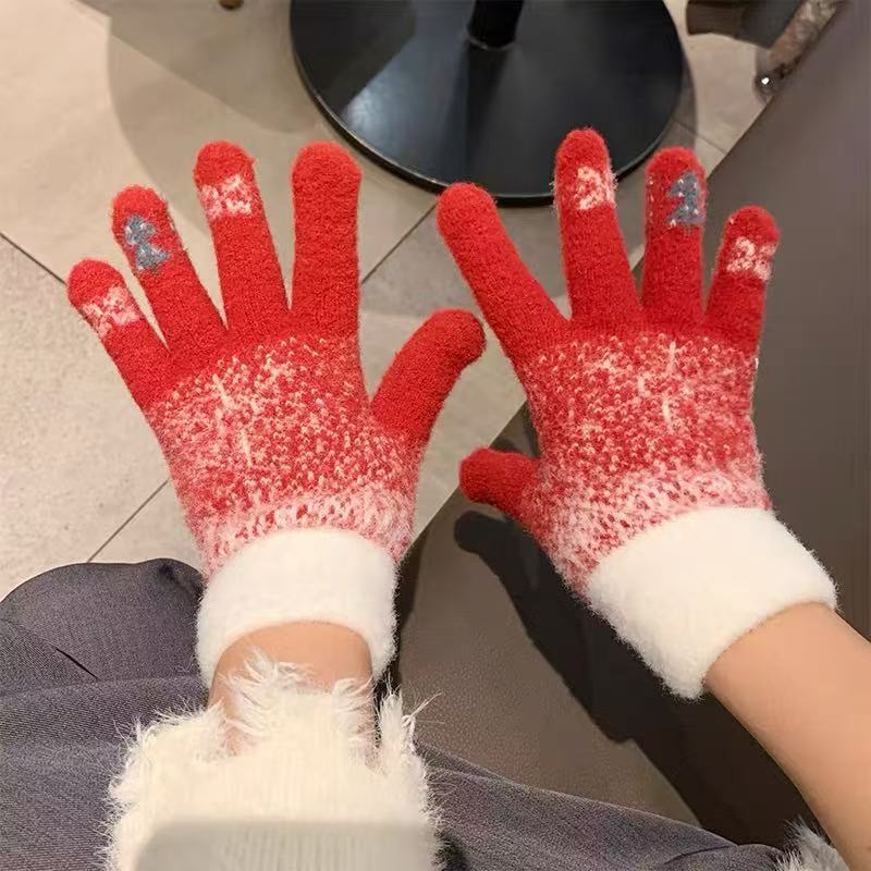 New Winter Women's Gloves with Thickened Fluffy Knitted Gloves That Expose Fingers Women Can Touch The Screen with Five Fingers
