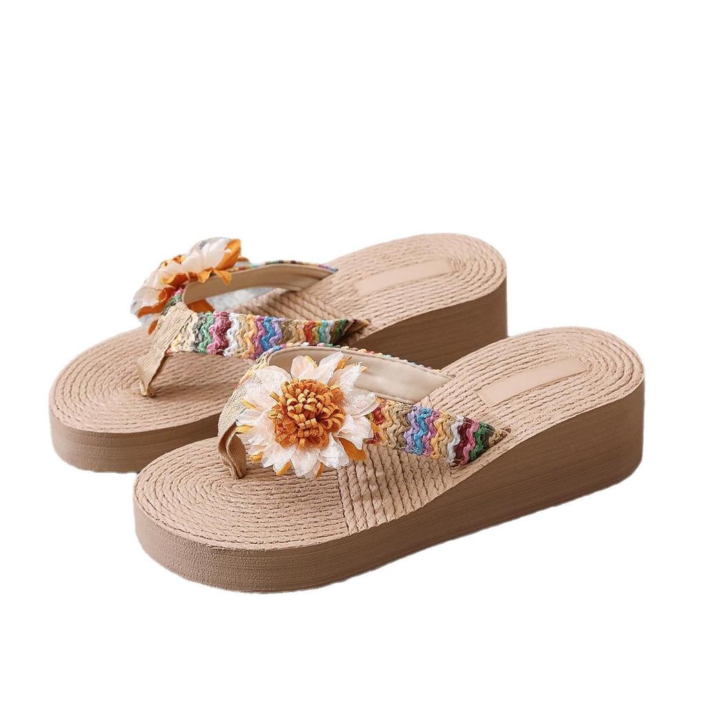 Ethnic Style Imitation Hemp Rope Travel Hemp Sole Sandals Korean Tide Outer Wear Flower Flip-flops Beach High Heels Pinch Feet Women's Slippers