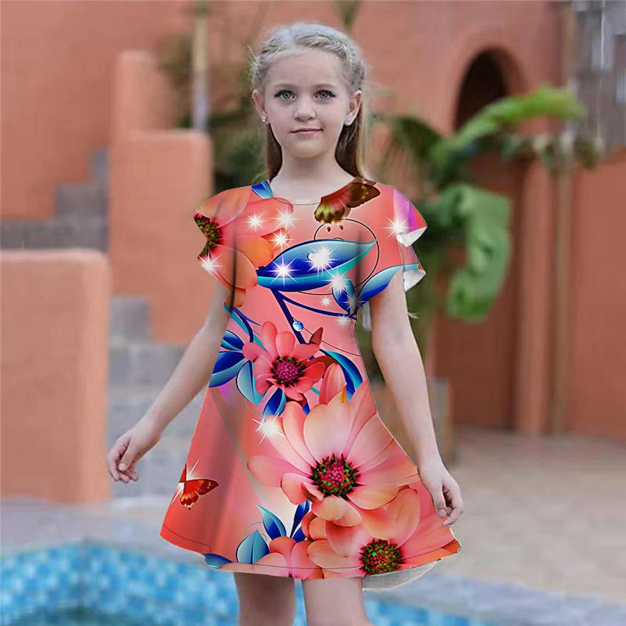 

Платья с принтом сверкающих цветов для девочек. Детское праздничное платье для девочек. Свободная облегающая юбка с короткими рукавами для девочек старше четырех лет. 130 красный