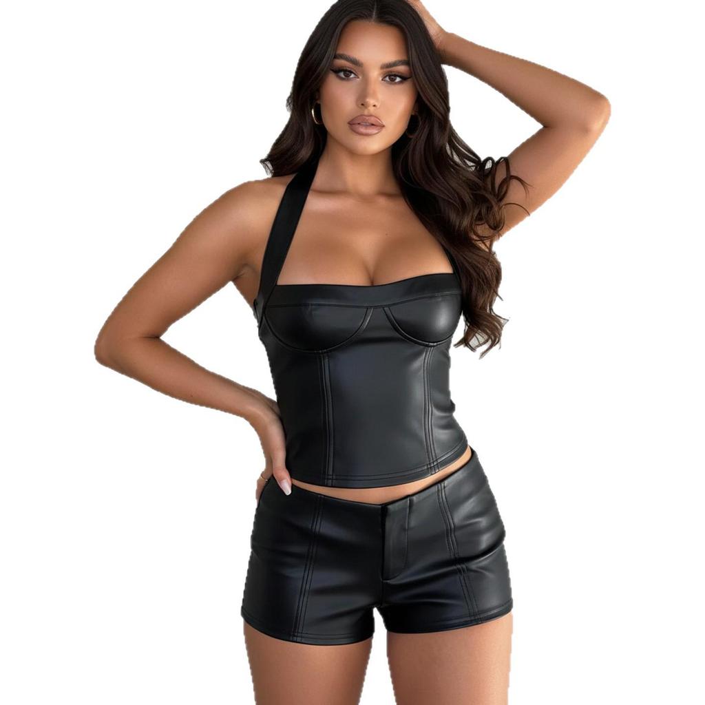 Sexy Street Style Leder-Neckholder-Top - Einfarbig, Tief ausgeschnitten Trendige Kleidung