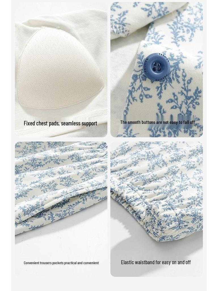 Women's Three-Piece Cotton Pajama Set: Spring Fashion, Printed, Comfortable, Breathable, with Chest Pads, Skin-Friendly.