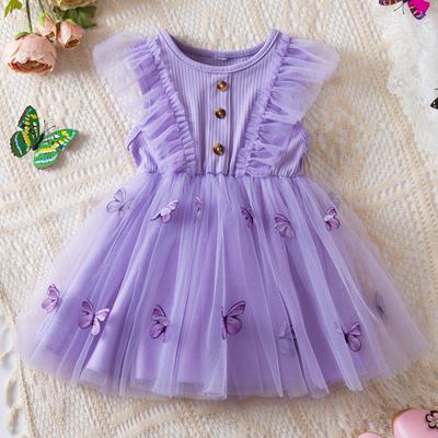 2024 Butterfly Mesh Sleeveless Dress for Children Fashion Knitted Top Purple Girls Dress for 1 To 5 Years Old
