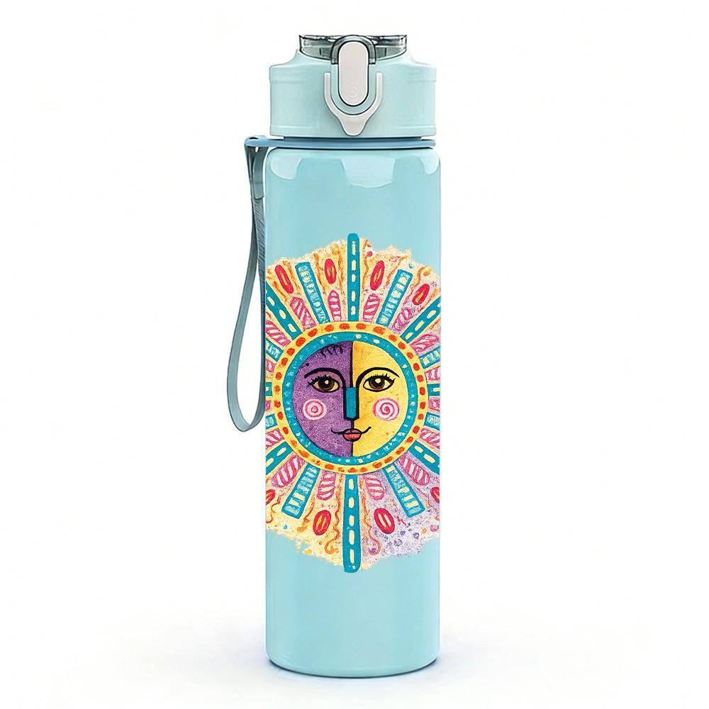 1PC Bohemian Sun Totem Ethnic Art Print 750ml Color Plastic Sports Water Bottle Leakproof Flip Straw Lid Suitable for Sports Office Home Use