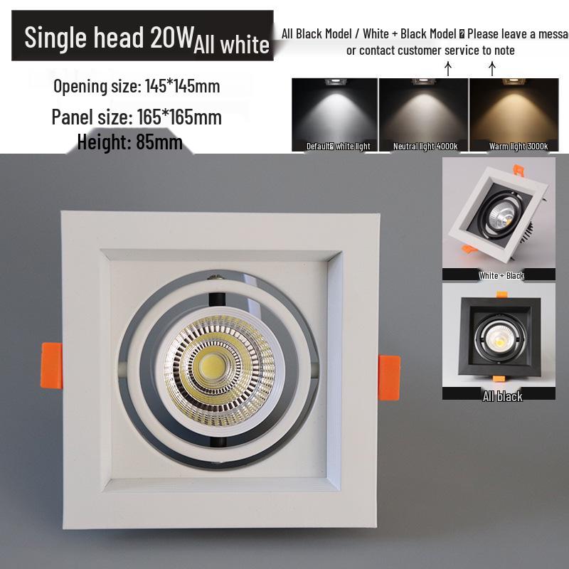 LED Double Head Spotlight: Embedded Grille, Single or Triple Head, Square Cylinder Design - Ideal for Living Room or Commercial Spaces.