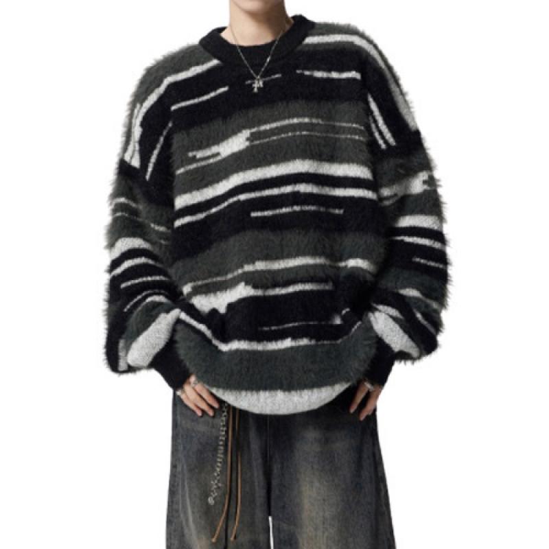 European Plus Size Mink Velvet Striped Knit Men's Sweater - Soft, Fluffy, Trendy for Autumn/Winter