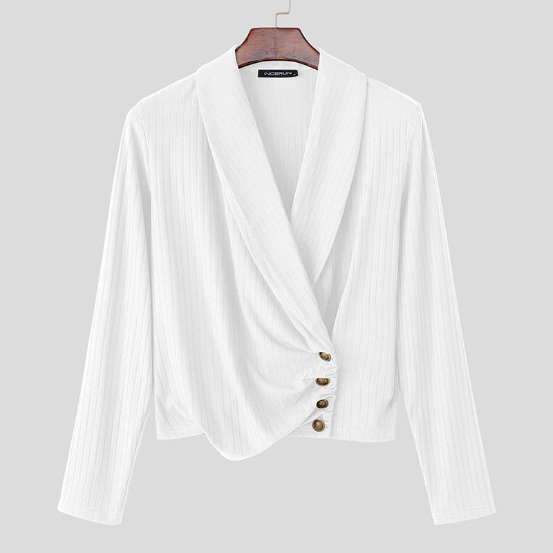 INCERUN Mens V Neck Front Cross Long Sleeve Thin Casual Rib Short T-shirts Tops