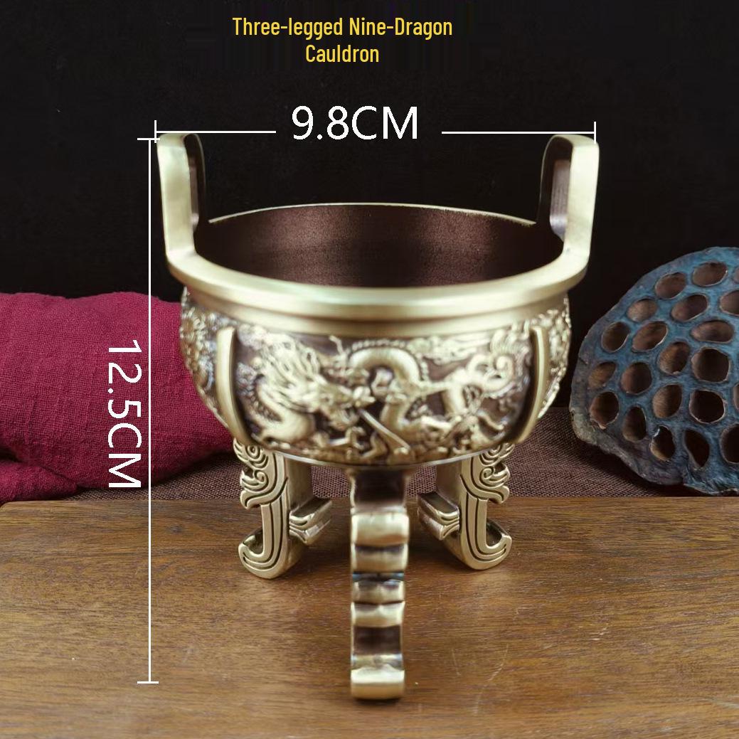 Antique Style Brass Three-Legged Nine-Dragon Incense Burner